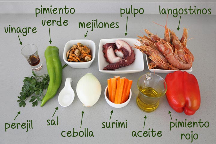 Ingredientes para hacer salpicón de marisco