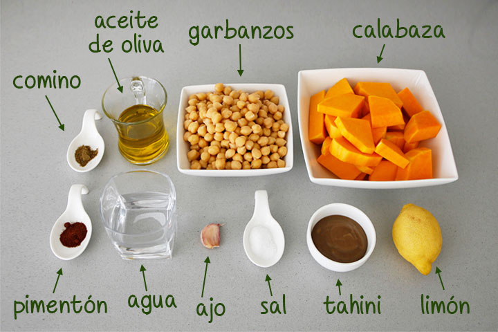 Ingredientes para hacer hummus de calabaza asada