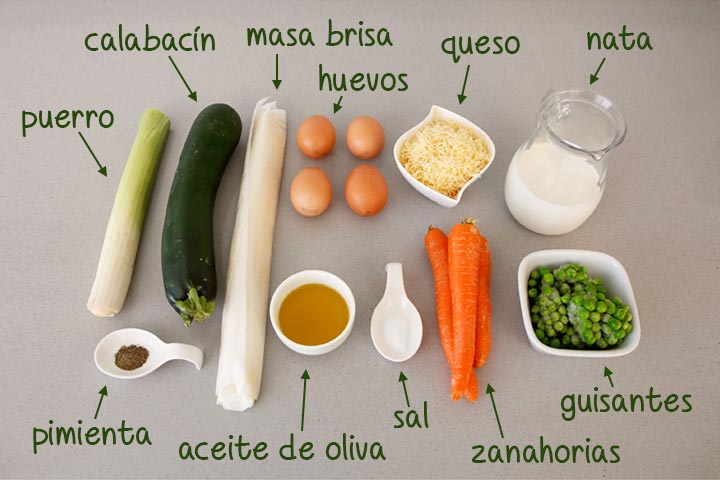 Ingredientes para hacer quiche con verduras y queso