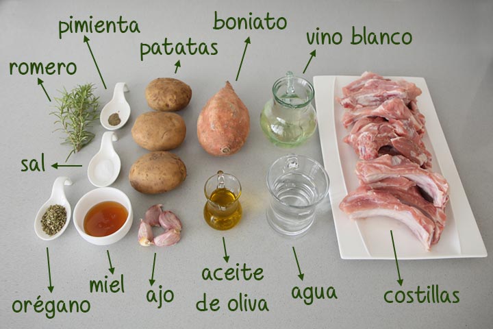 Ingredientes para hacer costillas al horno con patata y boniato