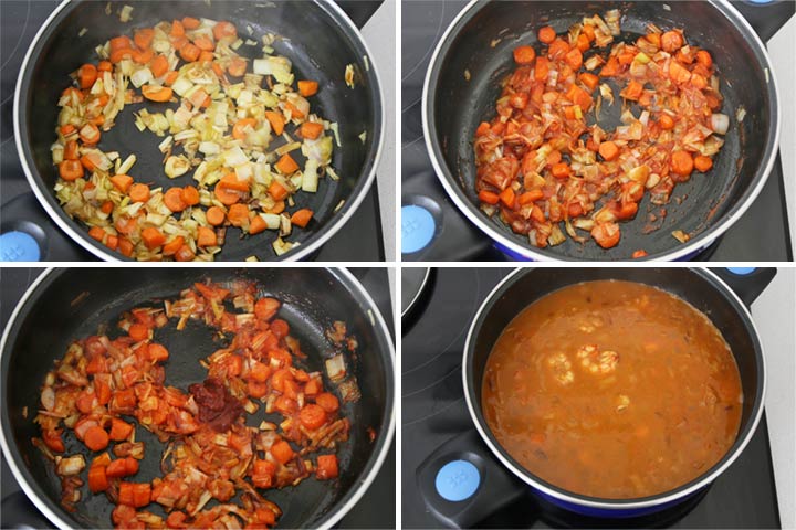 Pochar las verduras y añadir el tomate, la carne de pimiento choricero, el caldo y los langostinos.