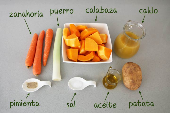 Ingredientes para hacer crema de calabaza y zanahoria