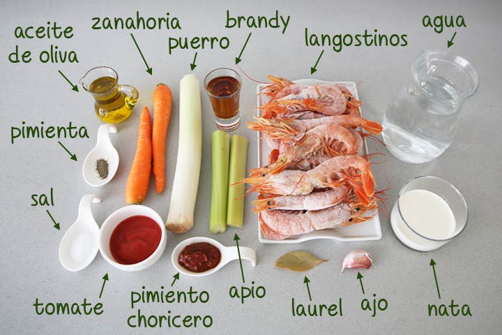 Ingredientes para hacer crema de langostinos en vasito