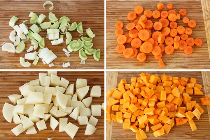 Cortar el puerro, la zanahoria, la patata y la calabaza en trozos