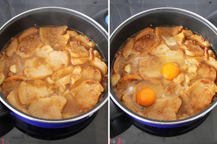 Incorporar el agua, dejar cocer y añadir los huevos