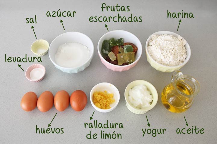 Ingredientes para hacer bizcocho de fruta escarchada