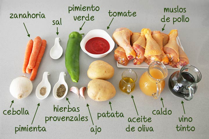 Ingredientes para hacer muslos de pollo al vino tinto