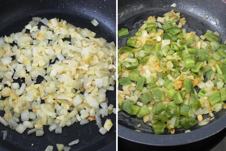 Cebolla y pimiento verde pochados en una cazuela