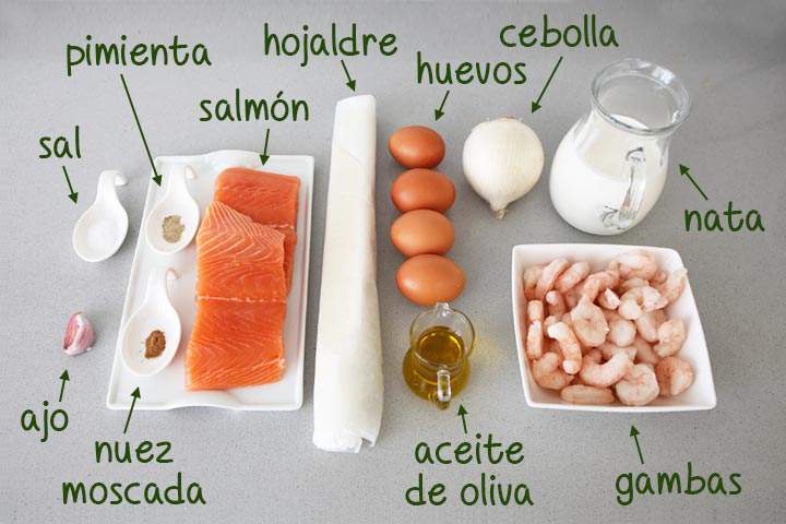 Ingredientes para hacer el hojaldre de salmón y gambas