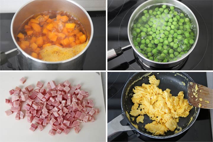 Preparar los ingredientes del arroz tres delicias