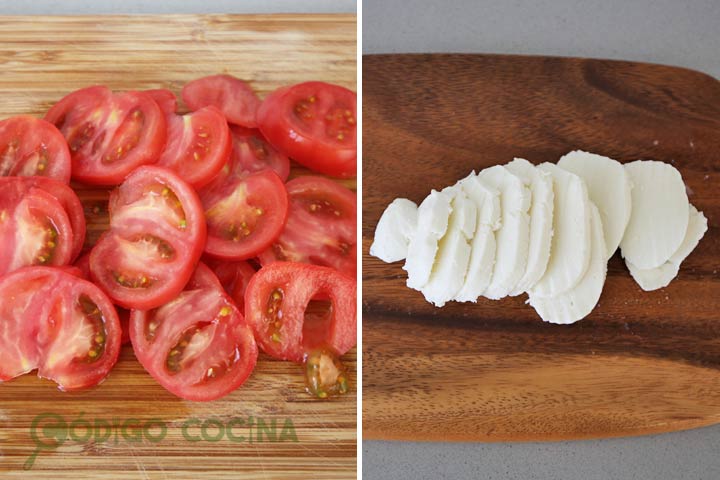 Cortar los tomates y la mozzarella en rodajas