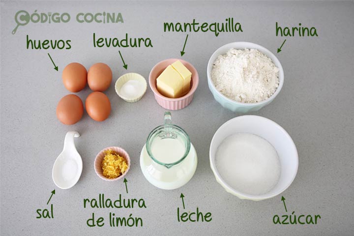 Ingredientes para hacer bizcocho de leche caliente casero
