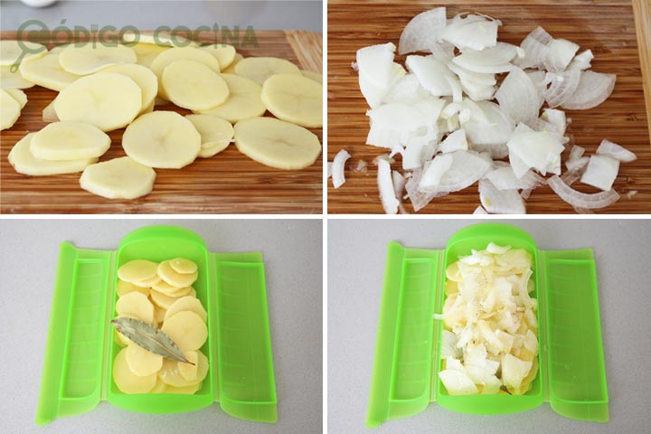 Patatas y cebollas cortadas dentro de un estuche de silicona