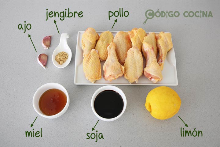 Ingredientes para hacer alitas de pollo con salsa de soja y miel