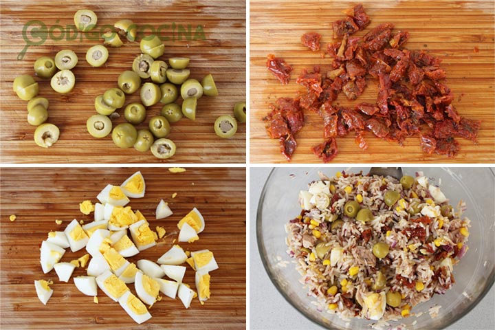 Preparación paso a paso de la ensalada con arroz, atún y huevo