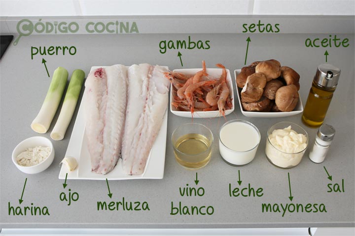 Ingredientes para hacer merluza rellena de gambas