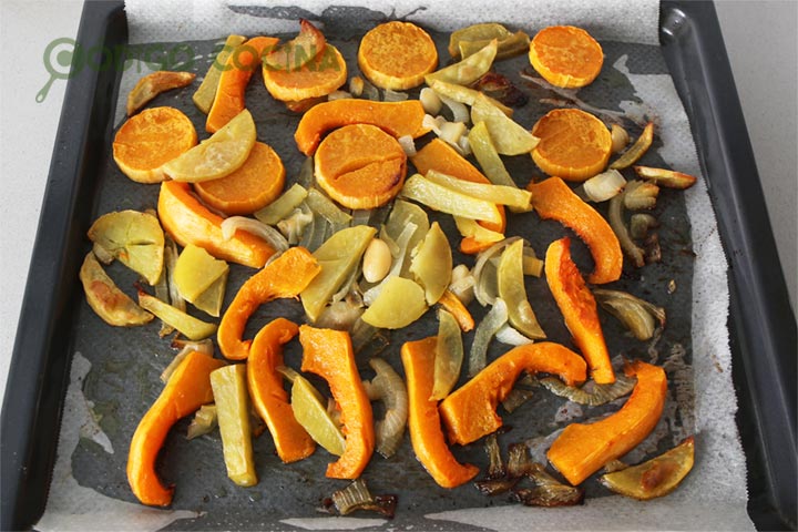 Patata, cebolla y calabaza asados en el horno