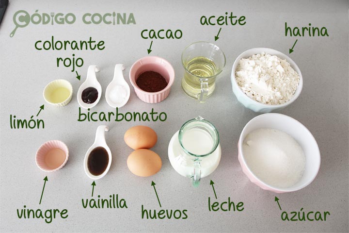 Ingredientes para hacer bizcocho de red velvet