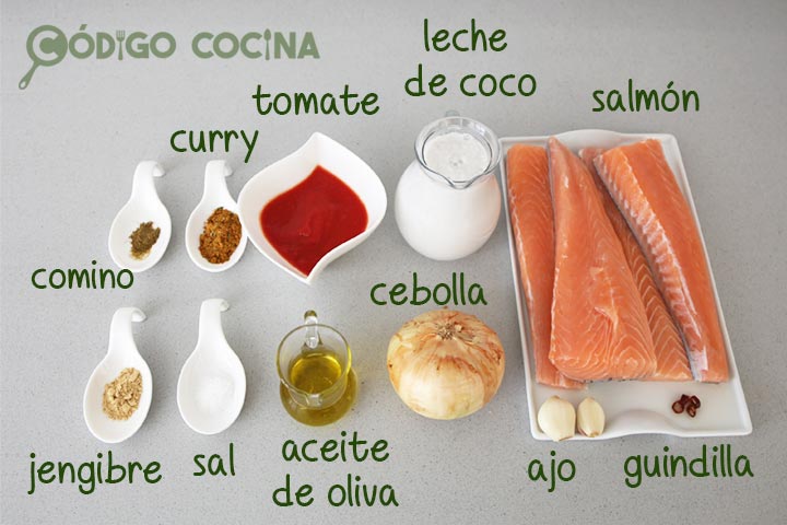 Ingredientes para hacer salmón al curry con leche de coco