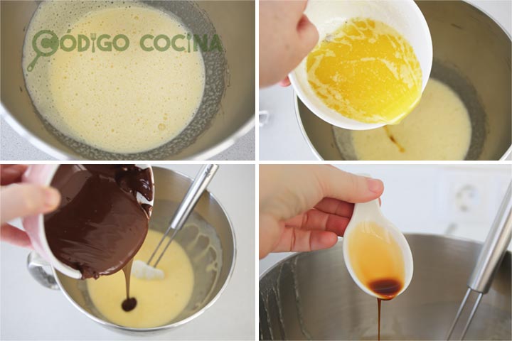 Mezclar huevos, azúcar, mantequilla, chocolate y vainilla.