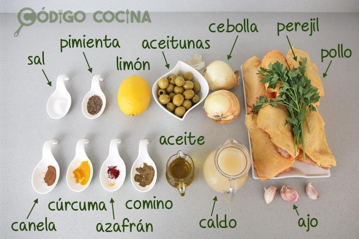 Ingredientes para hacer pollo marroquí con aceitunas
