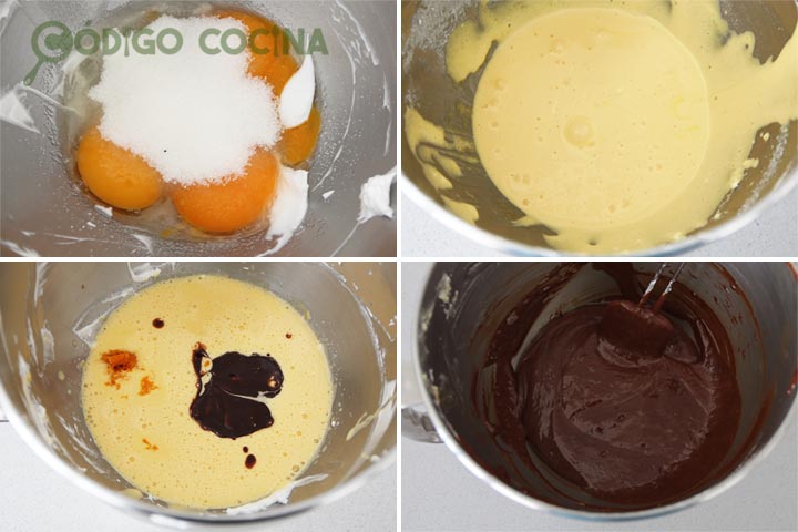 Mezclar las yemas con azúcar, los aromas y la mezcla de chocolate con mantequilla