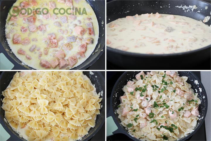 Farfalle con salmón, gambas y nata