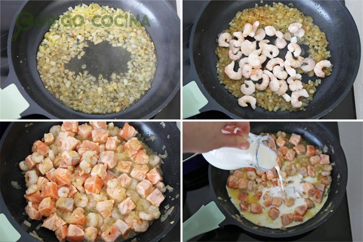 Sofreír la cebolla, añadir las gambas, el salmón y la nata