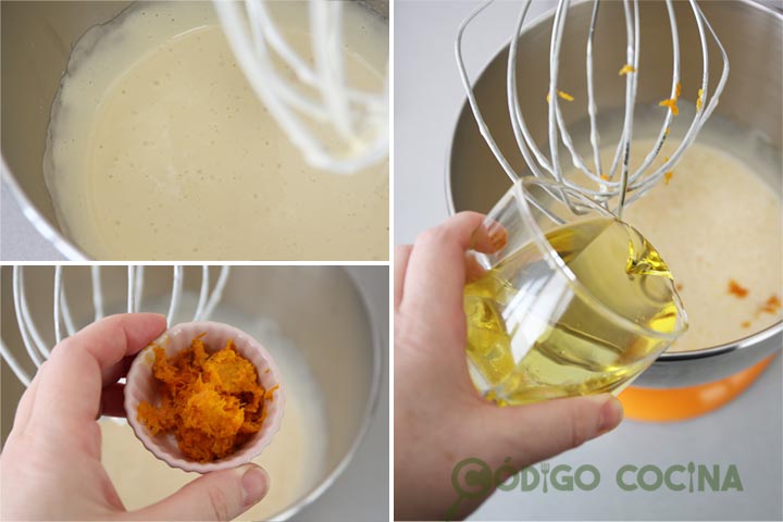 Mezclar huevos, azúcar, aceite y ralladura de naranja