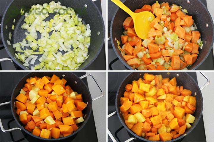 Pochar los ingredientes de la crema de calabaza y batata