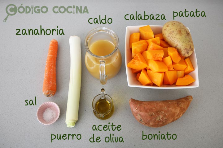 Ingredientes para hacer crema de calabaza y boniato