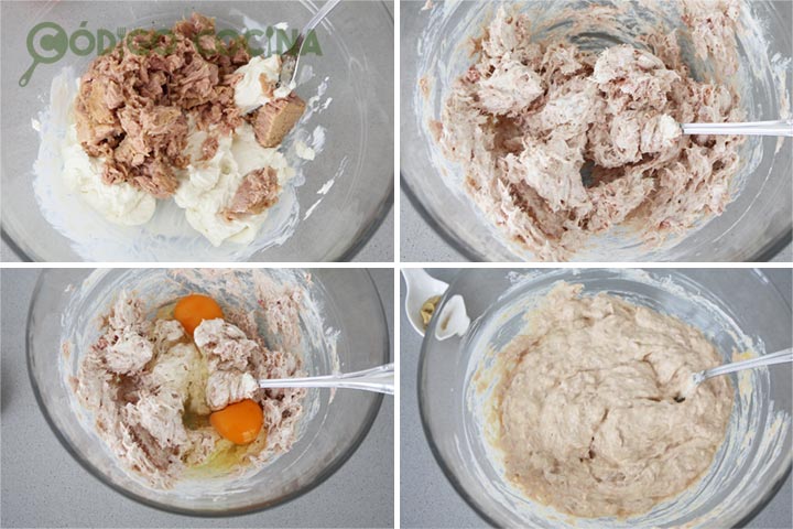 Mezclar el atún con el queso ricotta y los huevos