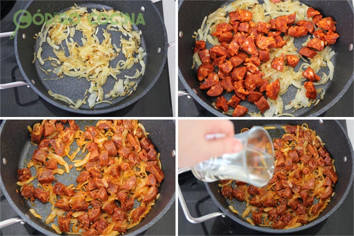 Sofrito de cebolla con chorizo y vino blanco