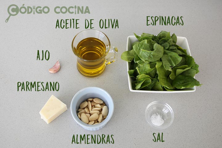 Ingredientes para hacer pesto de espinacas y almendras