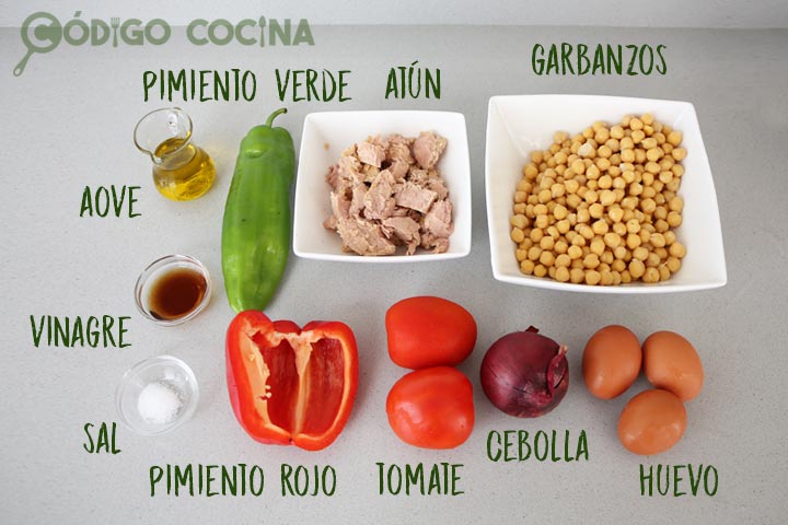 Ingredientes para hacer la ensalada de garbanzos con atún y huevo