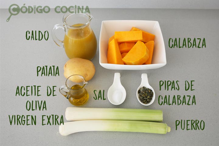 Ingredientes para preparar crema de calabaza con aceite de oliva virgen extra