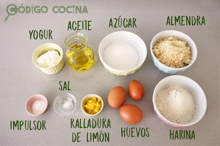 Ingredientes para hacer bizcocho de almendras y yogur
