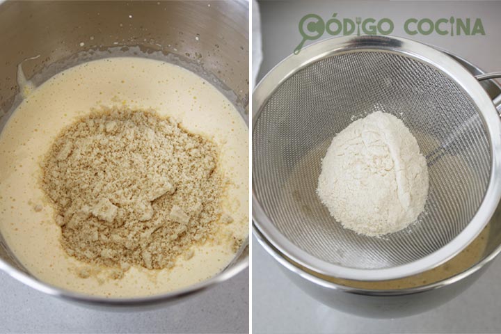 Incorporar ingredientes secos a la masa de bizcocho de almendra